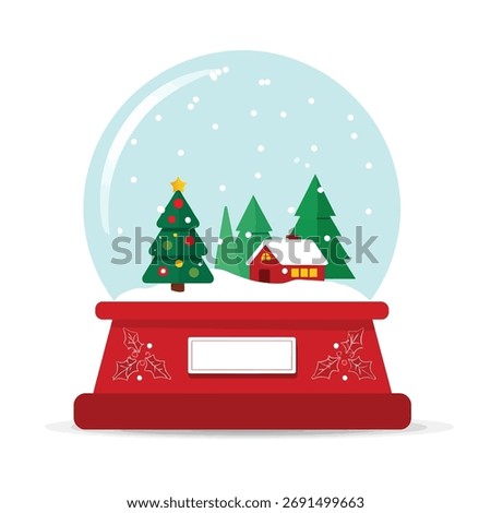 Festive snow globe with Christmas tree, red house, and falling snow. Great for winter decor, greeting cards, seasonal branding, and holiday themed designs