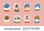 Festive Snow Globe Collection. Set of 8 festive snow globes featuring winter scenes, ideal for Christmas decorations and holiday designs