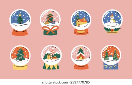 Festive Snow Globe Collection. Set of 8 festive snow globes featuring winter scenes, ideal for Christmas decorations and holiday designs