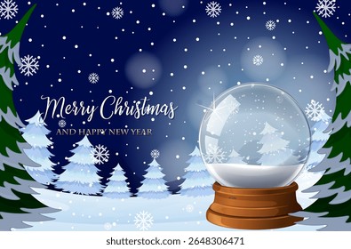 Festive snow globe in a snowy forest setting with Christmas trees and snowflakes, featuring a serene winter night sky