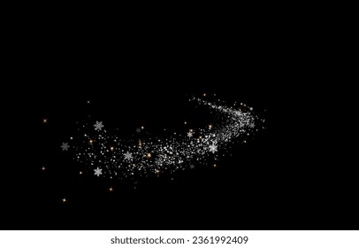 Festive snow powder on a black background vector. Beautiful light comets made of snow and small dust png . Stock royalty free. Flying snow from a spray.