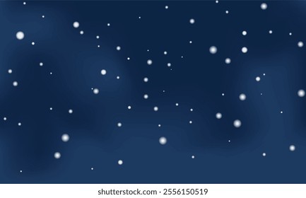 Festive snowflakes in the night winter sky with clouds. White snow falling on a dark blue background. Vector illustration