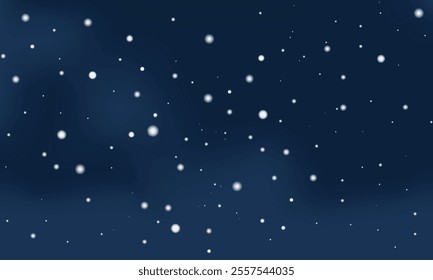 Festive snowflakes in the night winter sky with clouds. White snow falling on a dark blue background. Vector illustration