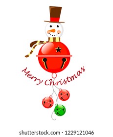 Festive snowman of bells of red color with a celindrom and a scarf and small bells. With text merry christmas