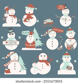 Festive Snowman Clipart Collection. Featuring cheerful snowmen, Christmas props, and cozy winter elements, these illustrations are perfect for holiday cards, invitations, DIY crafts, and more.