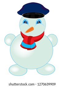 Festive snowman molded from snow on white background is insulated