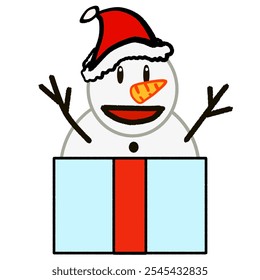 Festive snowman popping out of a gift box with a Santa hat and carrot nose, celebrating Christmas and winter holidays.
