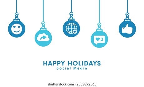 Festive social media christmas ornaments including a smiley face, a heart, a cloud upload, a globe, and a thumbs up for creating graphic template, cards, or other holiday designs.

