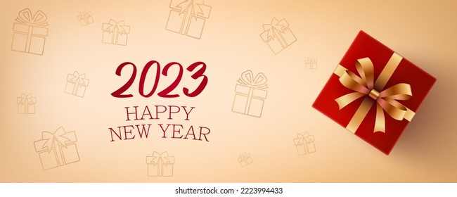 Festive soft banner with text Happy New Year and red gift box with golden bow. Greeting card, banner, poster or background for New 2023 Year.