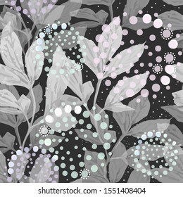 Festive softness vector seamless pattern. Hand drawn abstract gray leaves and circles from dots on black background. Nature template for design, textile, wallpaper, wrapping, ceramics.