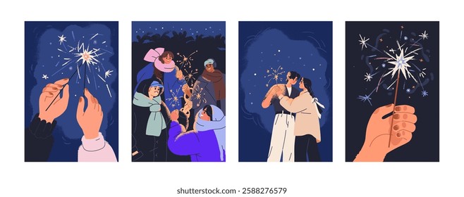 Festive sparklers in hands, holiday greeting cards set. Happy celebration with sparkling firecrackers. People celebrating, holding fireworks, glowing light at night. Flat vector illustrations