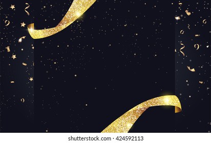 Festive sparkling background with ribbons, gold sparkles and confetti. Vector illustration