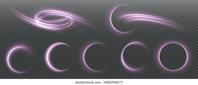 Festive sparkling frame, circle, ring png. Festive circle, ring, frame, for cards, invitations, banners, adverts. Neon frame, set of geometric frames. Vector png background with violet glowing lines.