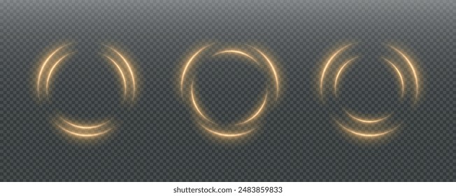 Festive sparkling frame, circle, ring png. Festive circle, ring, frame, for cards, invitations, banners, adverts. Neon frame, set of geometric frames. Vector png background with gold glowing lines.