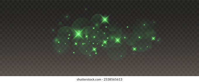 Festlicher grüner Staub. Grüner Weihnachtsstaub, leuchtendes Bokeh, Konfetti, leichte und glitzernde Textur für Ihr Design. Festliches Pulver für Karten, Einladungen, Banner.