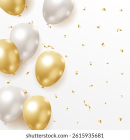 Festive and Sparkling Scene with Gold and Silver Balloons and Confetti Scattered on a White Background, Ideal for Celebration,new year,Christmas