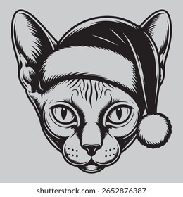 Festive Sphynx Cat in Santa Hat Vector Graphic for Holiday Designs