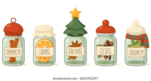 Festive spice jars with cinnamon, orange, star anise, cloves and cardamom