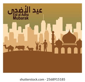 The festive spirit of Eid al-Adha, featuring silhouettes of mosques, livestock and family joy, symbolizes a celebration of community and culture. Flat vector modern illustration 