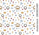 A festive and spiritual seamless pattern featuring elements of the Nativity story, including baby Jesus in a manger, doves, and religious symbols