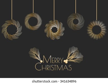Festive spirograpic hanging bauball decorations with holly, in a gold festive colour palette. For use in cards, posters and invitations. 