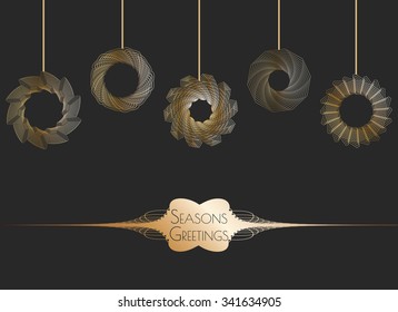 Festive spirograpic hanging bauball decorations, in a gold festive colour palette. For use in cards, posters and invitations. 