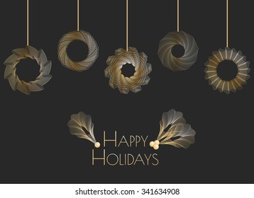 Festive spirograpic hanging bauball decorations with holly, in a gold festive colour palette. For use in cards, posters and invitations. 