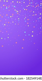 Festive splendid confetti. Celebration stars. Colorful stars random on violet background. Grand festive overlay template. Vertical vector background.