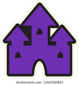 Festive spooky haunted castle stroked sticker. Holiday festive badge emblem. Decorative castle element for scrap booking, greeting card, party invitation. Color vector isolated on white background