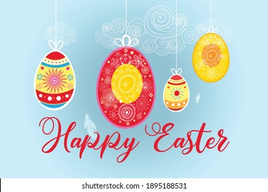 Festive spring card for Easter with eggs and abstractions. Bright Easter card for a website or banner