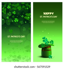 Festive spring card. Vector illustration for St. Patrick's Day with leaves of clover and hat leprechaun template