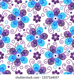 Festive spring seamless pattern with blue and purple flowers on a transparent background. Vector image. Eps 10