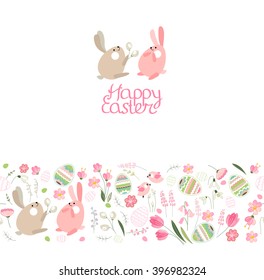 Festive spring seamless pattern brush. Endless horizontal border with easter symbols. Painted eggs, spring flowers and chickens. For your design, greeting cards,   fabrics, announcements.