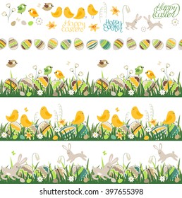 Festive spring seamless pattern brushes. Endless horizontal borders with easter symbols. Painted eggs, spring flowers and chickens. For your design, greeting cards,   fabrics, announcements.