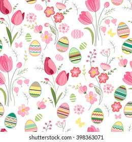 Festive spring seamless pattern. Endless texture with eggs and flowers.  For your design, greeting cards,  wrappings, fabrics, announcements.