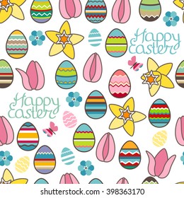 Festive spring seamless pattern. Endless texture with eggs and flowers. For your design, greeting cards,  wrappings, fabrics, announcements.