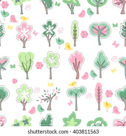 Festive spring seamless pattern. Endless texture with blossoming trees and birds. For your design, greeting cards,  wrappings, fabrics, announcements.