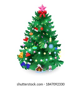 Festive spruce, fir or pine decorated with glossy balls, baubles, star, candle, garland, red ribbon, mittens, boot, hat, snowflakes, toy house, snowman bell Vector illustration isolated on white