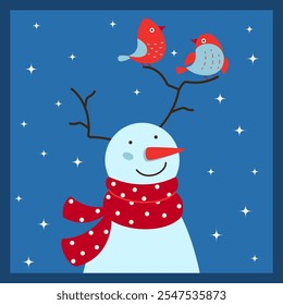 Festive, square, Christmas card with snowman in a scarf and birds. Vector illustration for seasonal winter holidays.