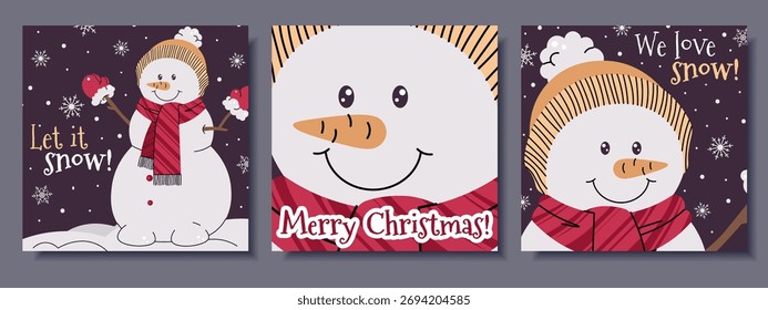 Tarjetas de Navidad cuadradas festivas fijadas con el muñeco de nieve lindo en el sombrero y la bufanda debajo de la nevada. Perfecto para carteles de Festiva, Anuncios de temporada, publicaciones en redes sociales e invitaciones a fiestas.