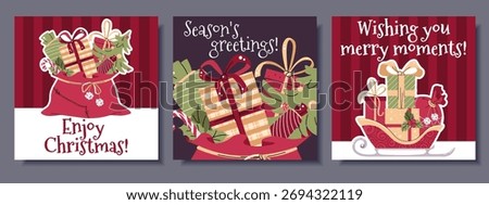 Festive Square Christmas Cards Set with Santa's Sleigh and Bag of Gifts. Perfect for Holiday Posters, Seasonal Banners, Social Media Posts and Christmas Party Invitations.
