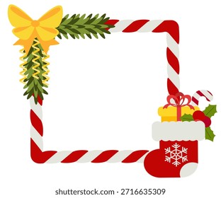 Festlicher quadratischer Weihnachtsrahmen mit roten und weißen Streifen, verziert mit einer gelben Schleife, Tannenzweigen und einem Weihnachtsstrumpf voller Geschenke. Perfekt für Urlaubsdesigns