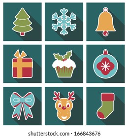 festive square christmas icons with long shadows, isolated on white.