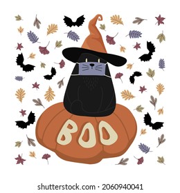 Festive square cover card with different doodle dry autumn leaves and hand drawn black bats, cat in a mask and hat and pumpkin in white background. 
