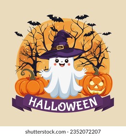 Festive square postcard for Halloween. A cute ghost with witch hat, a bat, a magic tree, a ribbon banner, a pumpkin jack o lantern on the background of the moon. Vector illustration.