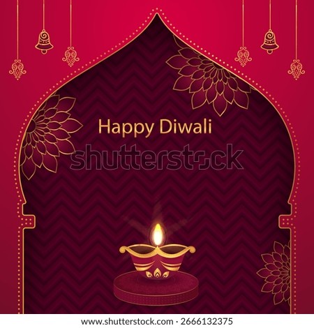 A festive square template for Diwali greetings. A lit oil lamp (diya) is framed by a golden Indian arch on a rich red chevron-patterned background.