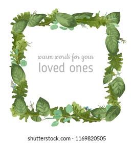 Festive square watercolor vector frame from foliage. Green rose leaves, eucalyptus, gerbera with blue wax flowers isolated on white background