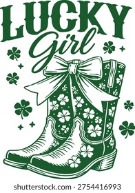A festive St. Patrick’s Day  design featuring the phrase “Lucky Girl” with stylish cowgirl boots decorated with shamrocks, a decorative bow, and scattered clover elements. The vintage green line-art style gives the design a charming western-inspired look perfect for celebrating Irish luck and festive traditions. This vector artwork is ideal for t-shirts, mugs, stickers, greeting cards, sublimation printing, Cricut crafts, and St. Patrick’s Day apparel.
