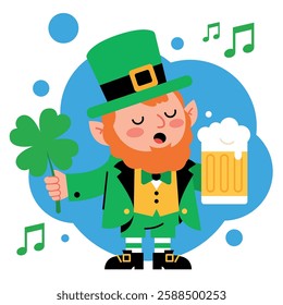 Festive St. Patrick’s day gnome holding a four leaf clover – Vector Illustration