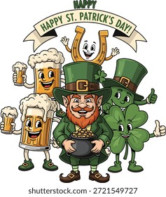 Caricatura festiva del día de San Patricio con tazas de cerveza de trébol de duende e iconos de la suerte. Ilustración vectorial plana perfecta para camisetas, carteles, pegatinas, diseños de fiesta y marca festiva.